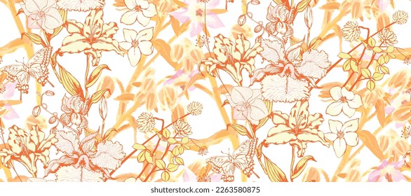 Fantastic flowers and butterflies. Seamless pattern. Vector illustration. Suitable for fabric, mural, wrapping paper and the like