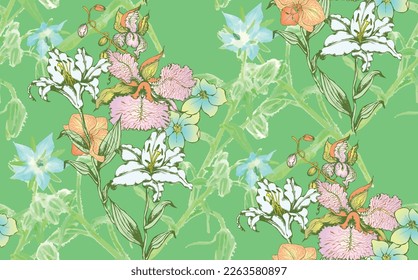 Fantastic flowers and butterflies. Seamless pattern. Vector illustration. Suitable for fabric, mural, wrapping paper and the like