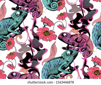 
Fantastic flowers and chameleon. Seamless pattern. Vector illustration. Suitable for fabric, wrapping paper and the like