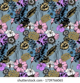 Fantastic flowers and monstera leaves. Seamless pattern. Vector illustration. Suitable for fabric, mural, wrapping paper and the like