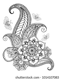 Fantastic flowers with paisley and butterflies. Vector illustration. Coloring book, page. Paisley pattern. 	
Ornate ornament with Fantastic flowers.  anti stress coloring page.