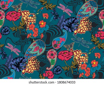 Fantastic flowers. Seamless abstract pattern. Vector illustration. Suitable for fabric, mural, wrapping paper and the like