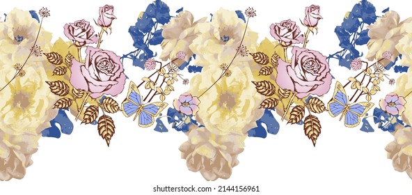 Fantastic flowers. Seamless border.  Suitable for fabric, wrapping paper and the like