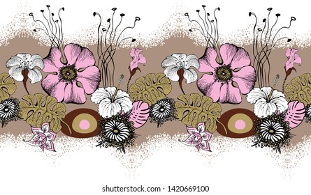 
Fantastic flowers. Seamless border. Vector illustration. Suitable for fabric, wrapping paper and the like