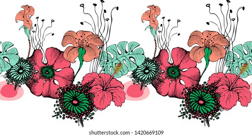 
Fantastic flowers. Seamless border. Vector illustration. Suitable for fabric, wrapping paper and the like