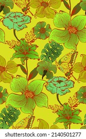 Fantastic flowers. Seamless pattern. Green and yellow colors. Suitable for fabric, wrapping paper and the like.