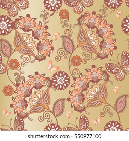 Fantastic flowers seamless pattern in pastel colors. Vintage flowers seamless ornament with decorative butterflies. Decorative ornament backdrop for fabric, textile, wrapping paper.