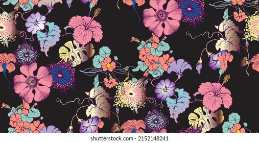 Fantastic flowers. Seamless pattern. Suitable for fabric, wrapping paper and the like.