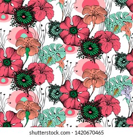 Fantastic flowers. Seamless pattern. Vector illustration. Suitable for fabric, wrapping paper and the like