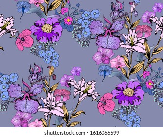 Fantastic flowers. Seamless pattern. Vector illustration. Suitable for fabric, wrapping paper and the like