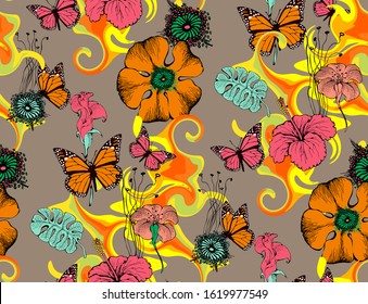 Fantastic flowers. Seamless pattern. Vector illustration. Suitable for fabric, wrapping paper, digital paper, wall paper and the like