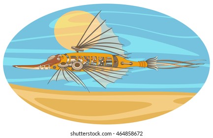 Fantastic flying and floating mechanism with wings, resembling a fish or a bird. Futuristic or steampunk design. Isolated vector collapsible illustration.