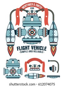 Fantastic flying machine as a logo with ribbon and inscriptions. Spare parts are included.
Colored Vector illustration. 