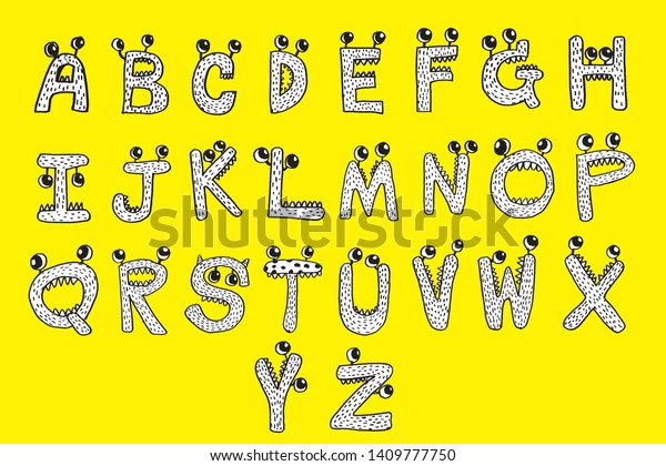 怪物のフォント Aからzへの文字 かわいいモンスターのアルファベット かわいいアルファベット のキッドカートーン 本のファンタスティックなフォントデザイン キッド用のかわいいフォント手描き のベクター画像素材 ロイヤリティフリー