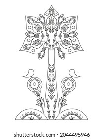 Fantastic forest with birds. Vector coloring book for children and adults. Zen and Doodle.