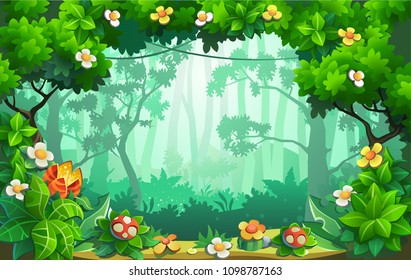 Fantastic Forest Of Flowers, Fabulous Jungle, Tropics. Vector Background. 