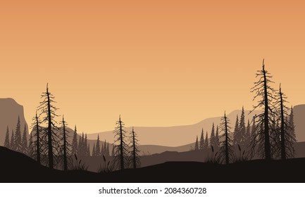 Fantastic forest and mountain views from the out of the city at dusk in the evening. Vector illustration of a city