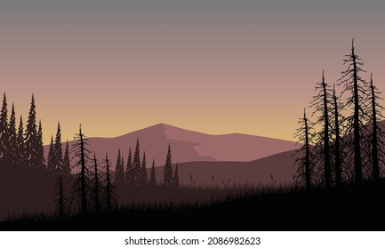 Fantastic forest and mountain views from the out of town at dusk. Vector illustration of a city