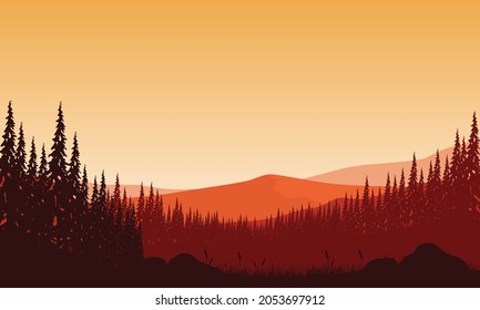 Fantastic forest and mountains views from the outskirts of town at dusk. Vector illustration of a city