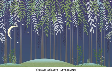 Fantástico bosque por la noche. Fondo vectorial.