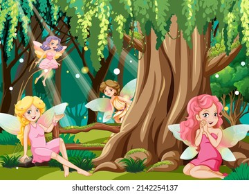 Fantastic forest scene with beautiful fairies  illustration