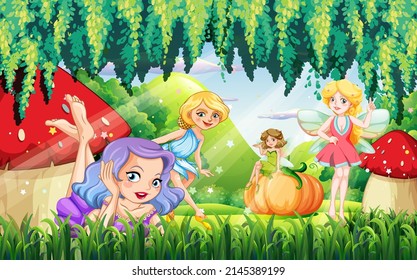 Fantastic forest scene with beautiful fairies  illustration