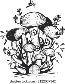fantastic fungi with doors and windows vector hand drawing . honey mushrooms. Vector sketch. eps