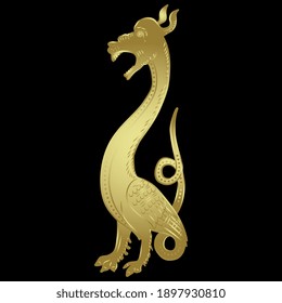 Fantastic funny medieval dragon with long neck. Glossy golden silhouette on black background.