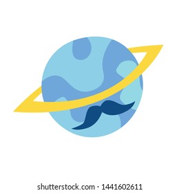 Fantastic funny planet vector illustration. Planet with mustache characters cartoon cartoon style icon isolated on white background