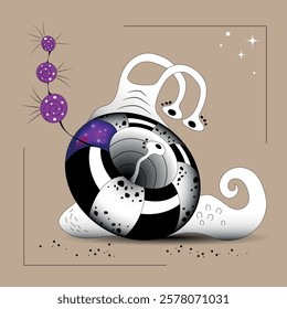 Fantastic funny snail with space in its shell and a third eye, hand drawing art for print and web