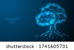 Fantastic future tree close-up. Communication concept, internet connection, cyber security, analysis, smart world. Innovative technology. 3d low poly wireframe model isolated vector illustration.