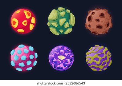 Planetas de galáxias fantásticas. Cartoon corpos espaciais, universo de fantasia planetas conjunto de ilustração vetor plano. Elementos espaciais fantásticos