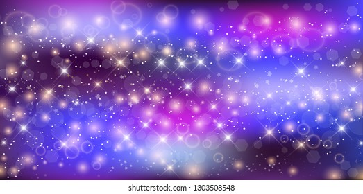 Fantastic Galaxy Rectangle Background. Blurred Glowing Circles With Flowing And Liquid Concept, Purple Neon Magic Banner, Night Starry Sky Wallpaper. Magical Light Effect. Billboard, Poster. Vector