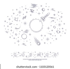 Fantastic galaxy with unknown weird undiscovered planets with stars, rockets and other elements. Explore universe, breathtaking science fiction. Thin line 3d vector illustration isolated.