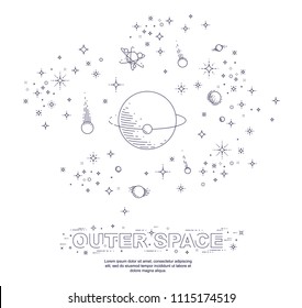 Fantastic galaxy with unknown weird undiscovered planets with stars, meteors, asteroids and other elements. Explore universe, breathtaking science fiction. Thin line 3d vector illustration isolated.