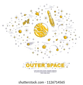 Fantastic galaxy with unknown weird undiscovered planets with stars, rockets and other elements. Explore universe, breathtaking science fiction. Thin line 3d vector illustration isolated.
