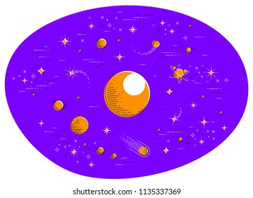Fantastic galaxy with unknown weird undiscovered planets with stars, meteors, asteroids and other elements. Explore universe, breathtaking science fiction. Thin line 3d vector illustration isolated.