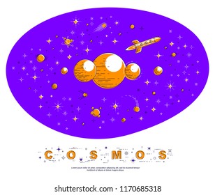 Fantastic galaxy with unknown weird undiscovered planets with stars, rockets and other elements. Explore universe, breathtaking science fiction. Thin line 3d vector illustration isolated.