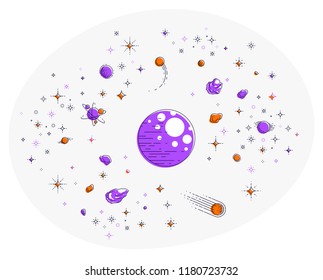 Fantastic galaxy with unknown weird undiscovered planets with stars, meteors, asteroids and other elements. Explore universe, breathtaking science fiction. Thin line 3d vector illustration isolated.