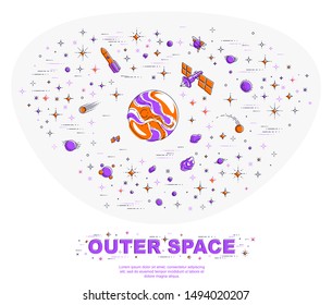 Fantastic galaxy with unknown weird undiscovered planets with stars and other elements. Explore universe, breathtaking science fiction. Thin line 3d vector illustration isolated.