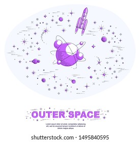 Fantastic galaxy with unknown weird undiscovered planets with stars, rockets and other elements. Explore universe, breathtaking science fiction. Thin line 3d vector illustration isolated.