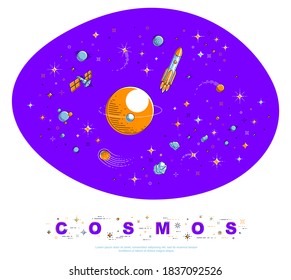Fantastic galaxy with unknown weird undiscovered planets with stars, rockets and other elements. Explore universe, breathtaking science fiction. Thin line 3d vector illustration isolated.