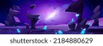 Fantastic game background with alien planet and blast in sky. Vector cartoon illustration of rock landscape with blue crystals, flying stones, stars and explosion in night sky