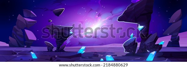 Fantastic game\
background with alien planet and blast in sky. Vector cartoon\
illustration of rock landscape with blue crystals, flying stones,\
stars and explosion in night\
sky