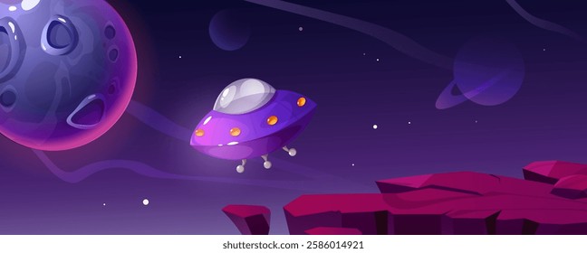 Fantastic game background with ufo, moon and stars. Vector cartoon scene