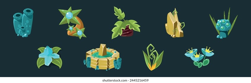 Fantastic Game Nature Element and Forest Object Vector Set