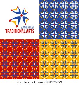 Fantastic geometric flower and three matching seamless floral patterns. Abstract symbol of beauty. Vector illustration.