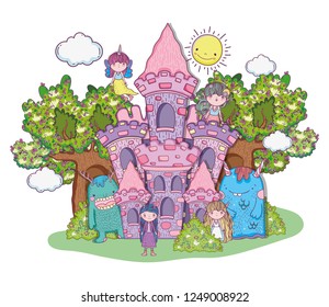 fantastic girls creatures in the castle with trees and sun