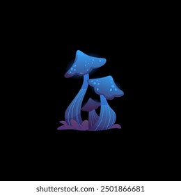 Fantastic glowing blue mushrooms in a fancy shape, vector illustration. These mushrooms are made in a flat cartoon style on a black isolated background. Ideal for a fantasy interface.