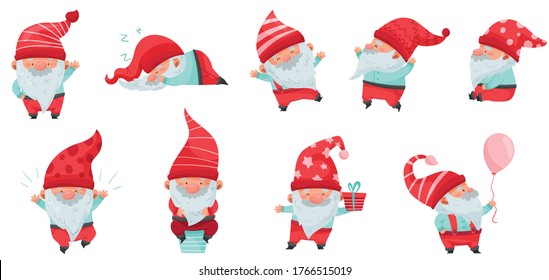 Fantastic Gnome Character with White Beard and Red Pointed Hat Vector Illustration Set